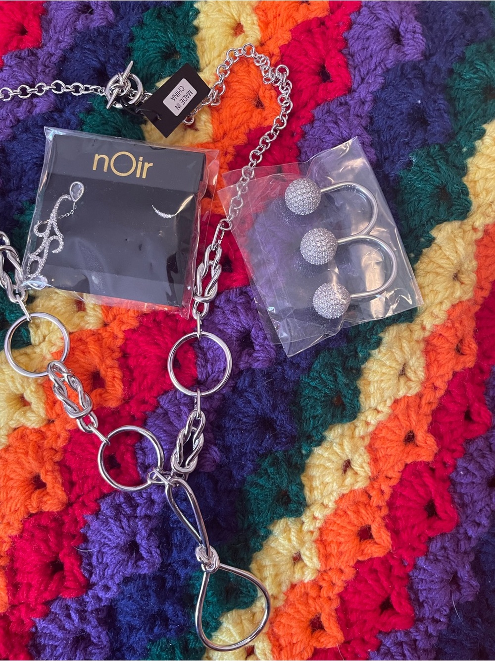 nOir Silver Tone Metal Necklace, Earrings &Ring Mixed Lot, 3-Piece